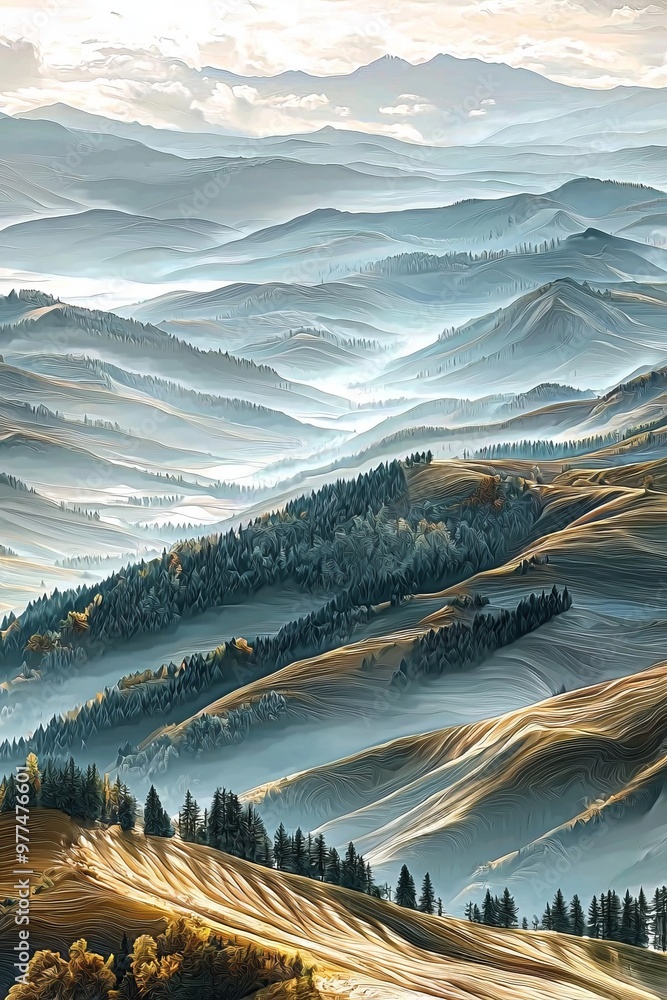 Poster the surrounding mountains are covered with colorful foliage. the distant mountains are covered in ha