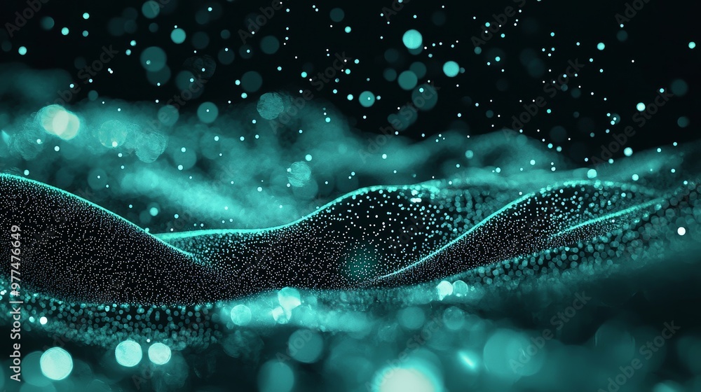Poster Analytical representation. Wave of particles. 4K rendering. Big data visualization. Digital background. Digital projection.
