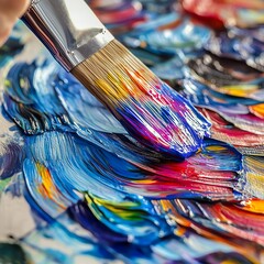 Fototapeta premium Closeup of an artist s brush adding vibrant paint to a canvas, Artist s brush in motion, Creativity and expression