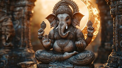 Fototapeta premium Create a 3D image of Ganesh sitting on a crescent moon, symbolizing the connection between the divine and the cosmos