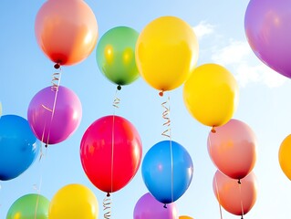 Colorful balloons floating upward in a celebratory scene, Colorful balloons, Joy and festivity