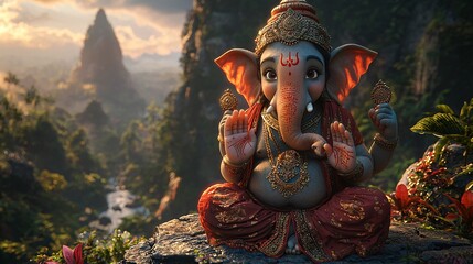Fototapeta premium Show a 3D cartoon of Ganesh on a mountaintop, gazing into the distance as if guiding souls towards enlightenment