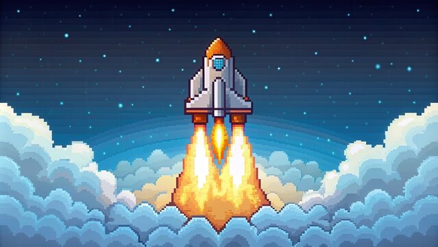 Pixel art animation of rocket launching with smoke clouds in space, rocket, launch, pixel art, animation, smoke - Powered by Adobe