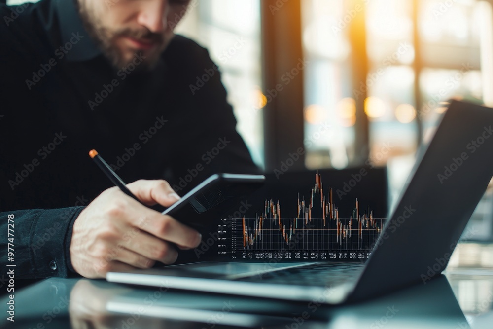 Aufkleber Graph on a computer with a diagram of a business-plan process. Concepts of research information and data. A young businessman working on a laptop using a diagram graph.