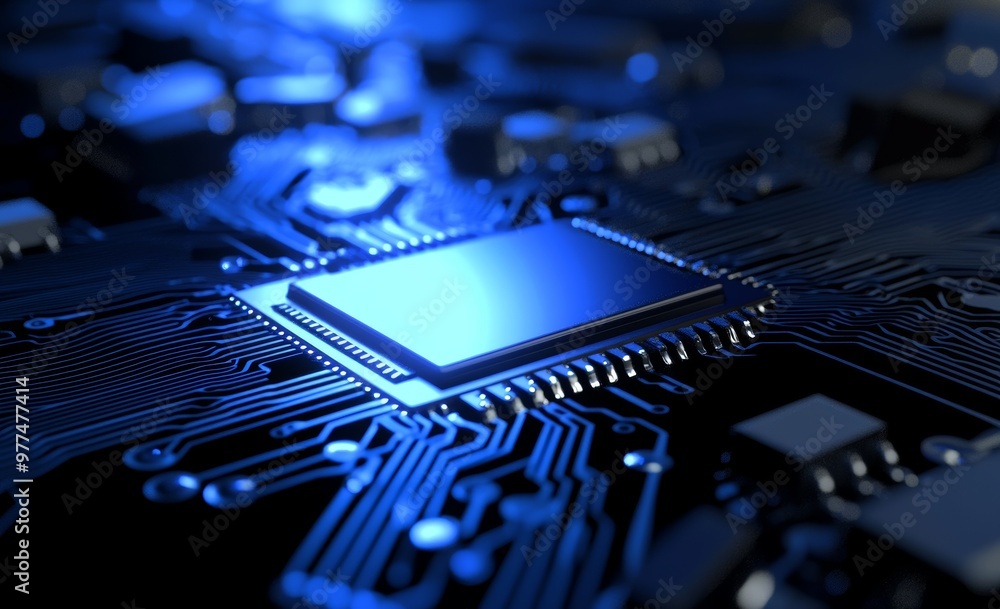Poster Microchip quantum processor. 3D illustration with HUD elements of a fantastic cyberspace.