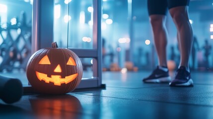 Spooky gym with Halloween decor, people in costumes working out, combining health and Halloween