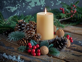 Christmas candle centerpiece surrounded by pine cones red berries and green foliage set on a rustic wooden
