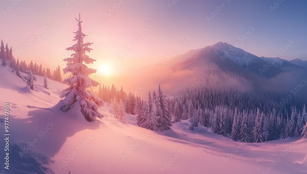 Wall mural stunning orange winter landscape in snowy mountains surrounded by snowy trees. christmas holiday con