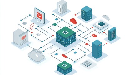 Obraz premium A graphic illustration of a data network, showing how data flows between devices, servers, and cloud storage.