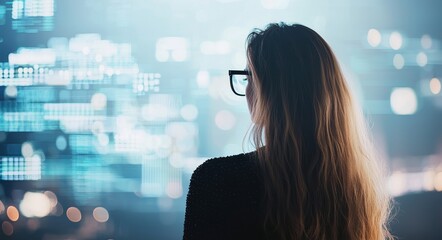 A businesswoman in glasses stands next to a display