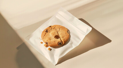 A delicious chocolate chip cookie placed in clear bag, showcasing its golden brown color and tempting texture. soft cookie is perfect for sweet treat