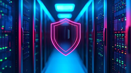 Data breach prevention, floating holographic shields, futuristic server room, glowing network nodes
