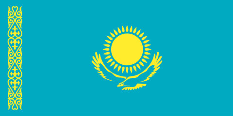 Vector Image Of National Kazakhstan flag. .Yellow sun, eagle and traditional kazakh ornament on a blue background. Flag of Republic of Kazakhstan. Symbol of independence, patriotism. Official colors