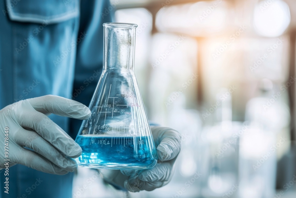 Poster Hand holding flask with lab glassware in chemical laboratory, concept image for research and development in science laboratories