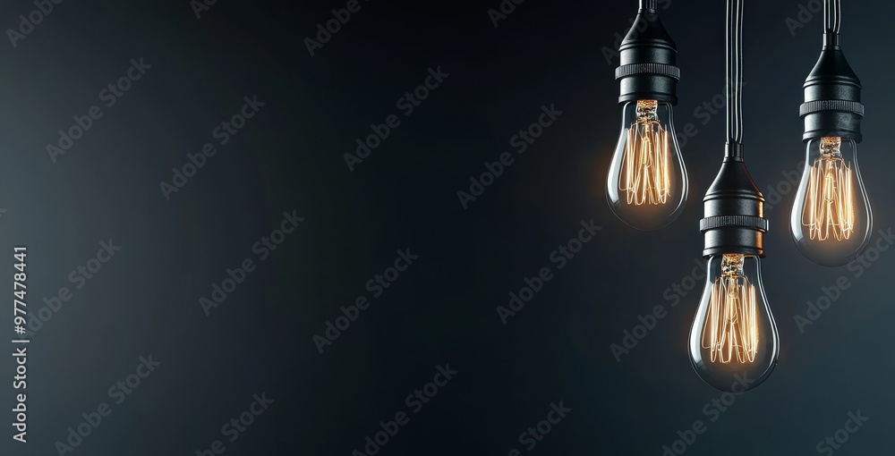 Poster with copy space, one bright light bulb stands out from the rest