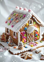 snow-covered gingerbread house with colorful candy decorations set on a white background.