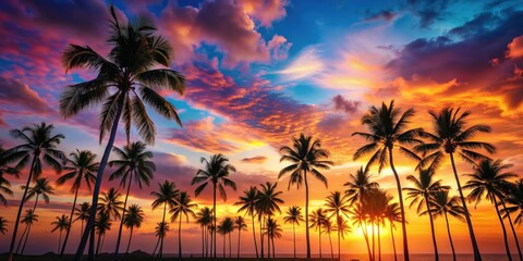 A tropical sunset scene with palm trees silhouettes against a colorful sky