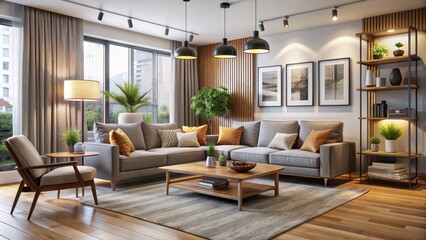 Fototapeta premium Cozy living room with modern decor and stylish furniture, home, interior, room, background, design, cozy, modern