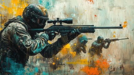 Dynamic scene of armed soldiers in action, showcasing teamwork and precision in a high-stakes environment.