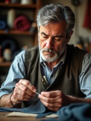 An elderly craftsmans meticulous attention is riveted on intricate fabric work within his workshop, where an array of well-used tools reveals a lifetime of dedication to his craft.