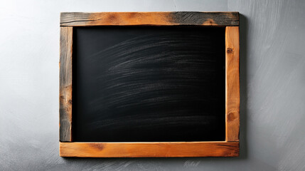 Blank chalkboard with a rustic wooden frame hanging on a gray wall, showcasing a minimalist design and space for text or drawings.