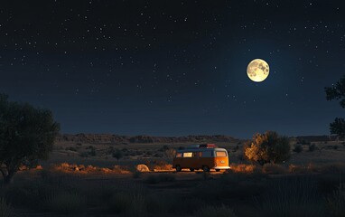 A serene night scene featuring a vintage camper under a starry sky and bright moon in a desert landscape.