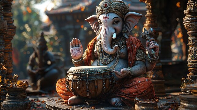 Create a 3D representation of Ganesh playing the mridangam (drum), blending music, art, and spirituality