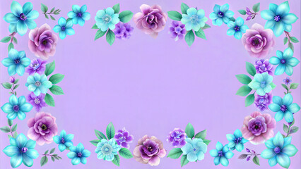 Floral frame design in vibrant purple and turquoise colors on a lilac background with copy space