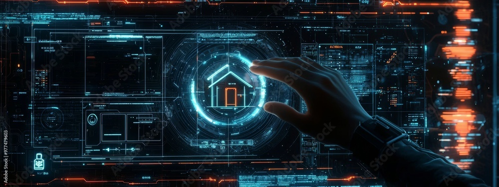 Poster Hand pushing Smart Home Automation Control System with Internet Network Concepts using innovative technology.