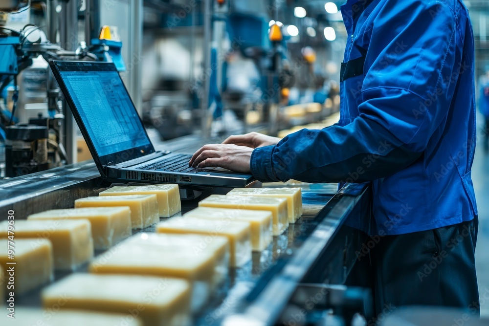 Fototapete A manufacturing engineer controls a computer-controlled product inspection system in modern factory as products are transported on conveyor belts to warehouses.