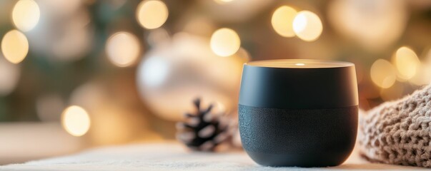 Voiceactivated smart assistant playing Christmas music, controlling decorations and lights, cozy holiday setting