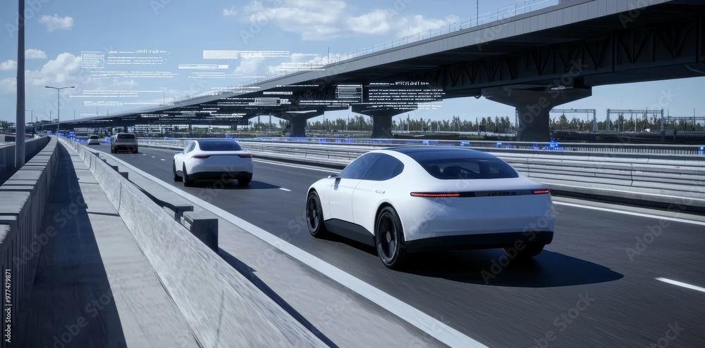 Fototapete an autonomous self-driving vehicle with a graphic sensor radar signal system is featured in this sma