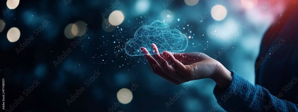 Poster An icon of a businesswoman pushing an icon of an Internet storage network concept showing Cloud Computing Technology