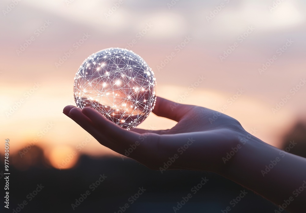 Poster Hands holding global network and customer connection on a nature background.