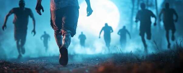 Zombies jogging on a moonlit path, promoting physical activity even during Halloween