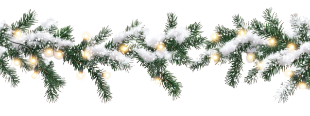 PNG Branches with snow and lights christmas decoration garland.