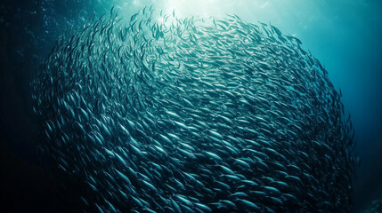 Naklejka premium A massive school of sardines swimming together in the deep ocean, creating an impressive dynamic shape under the sunlight rays