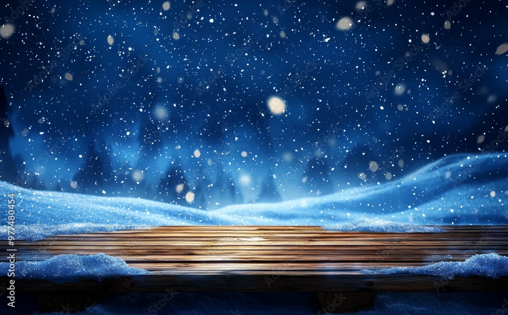Poster the background of the image is a blurry snowy blue background with an empty wooden flooring. snowfla