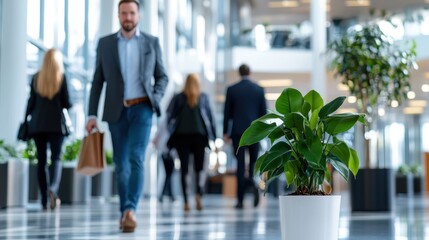 A man walks through an office lobby holding a shopping bag, surrounded by a bustling crowd and green plants, highlighting the energy of a modern workplace.