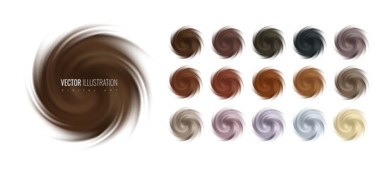 Hair color chart of samples - template for hair dye palette on transparent background. Fluffy circle hair concept realistic vector illustration