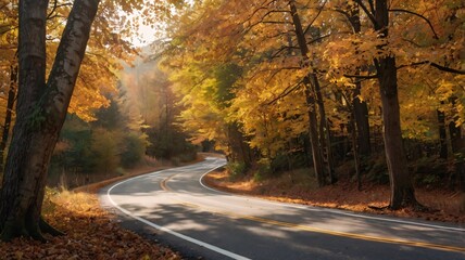 Naklejka premium Winding Road Through Autumn Forest.