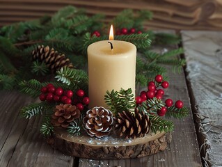 Christmas candle centerpiece surrounded by pine cones red berries and green foliage set on a rustic wooden table.