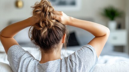 Naklejka premium A woman with her hair tied up is relaxing in a comfortable home environment, wearing a casual gray t-shirt, symbolizing relaxation, comfort, and a casual lifestyle in a modern home.