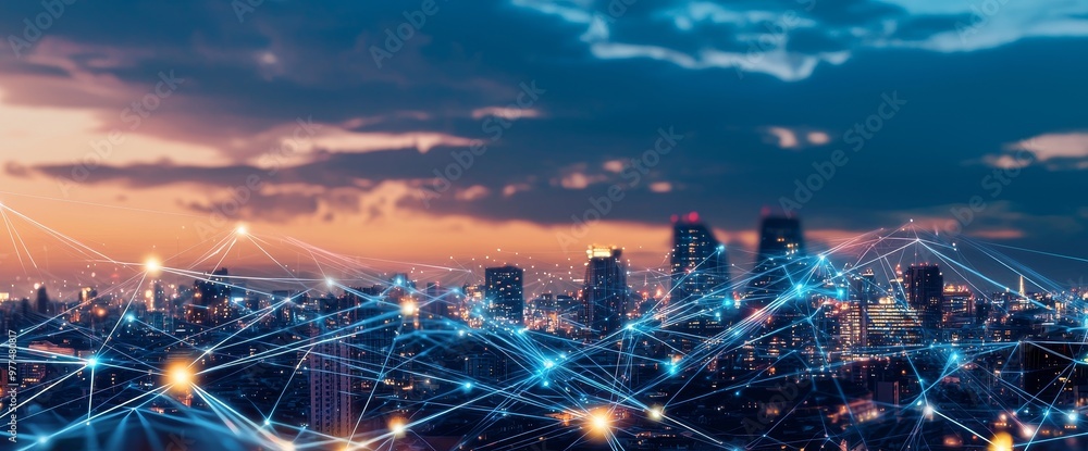 Poster Connecting smart city and abstract dot point concept with gradient line and aesthetic wave line design.