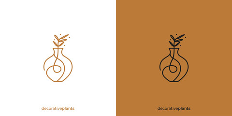 Simple Handmade Pottery Logo Aesthetic Decorative Plants with Linear Outline Logo Design Icon Symbol Vector Inspiration.