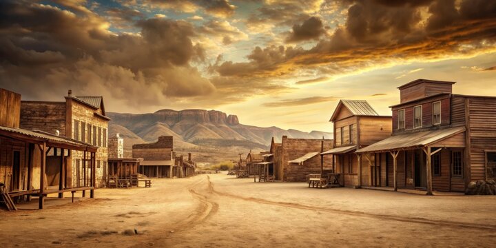 Faded sepia photograph of a vintage cowboy town in the old wild west