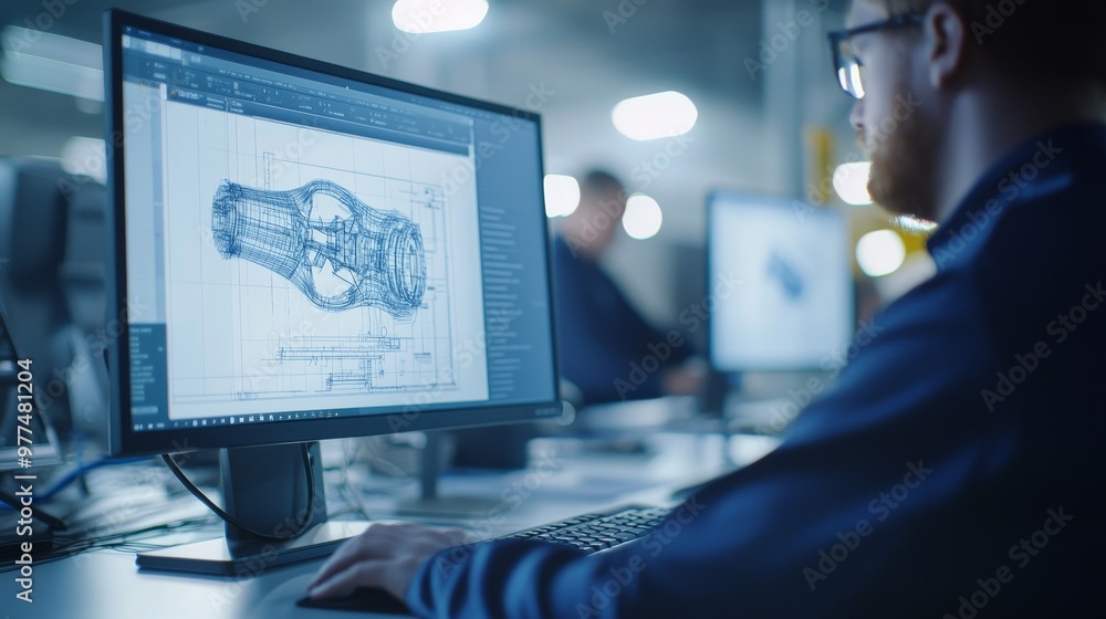 Poster An engineer works with CAD software on a computer, showing technical details and drawings. A background shows an industrial design facility.