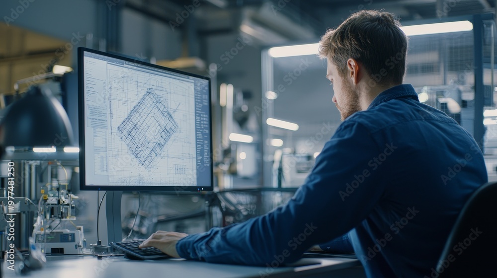 Poster In the background is an engineering facility specialising in industrial design. A view from over the shoulder of an engineer working on CAD software on his desktop computer, with the screen showing