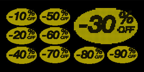 Discounts numbers percent in tech pixel art style. Set stickers in rounded shapes - concept for promotional elements, sales campaigns, and digital marketing. Vector illustration.