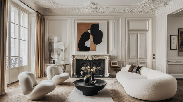 A classic Parisian apartment with intricate moldings, herringbone parquet flooring, bold contemporary art, and sleek designer furniture for a stylish editorial shoot